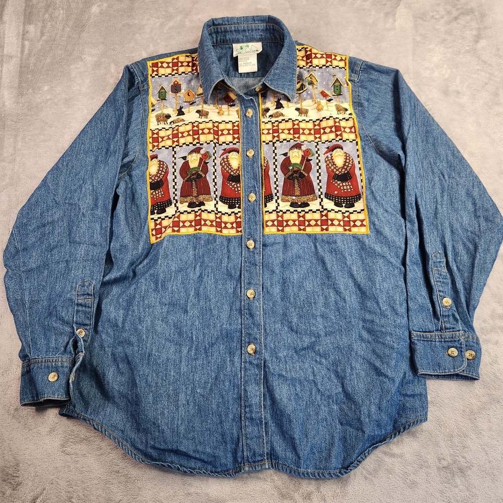 Quacker Factory Denim Christmas Shirt M Embroidered Sleigh Rhinestone Grannycore
